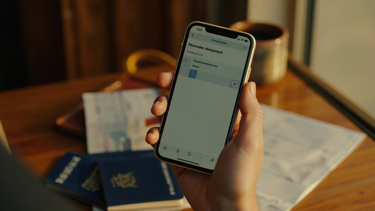 Smartphone calendar app held over a warm wooden desk with a blue US passport, marking a short pre-departure window