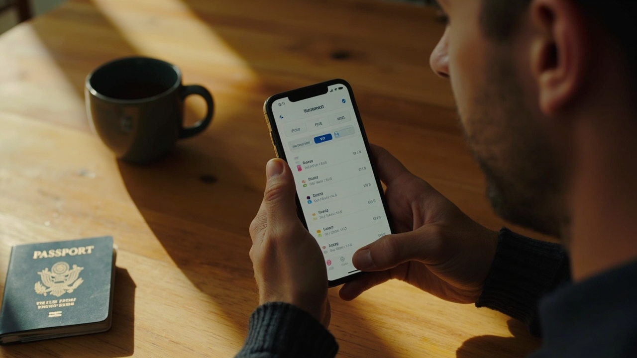 American traveler in their late 30s checking a generic banking-app transaction list on a smartphone at a sunlit kitchen table, blue US passport nearby