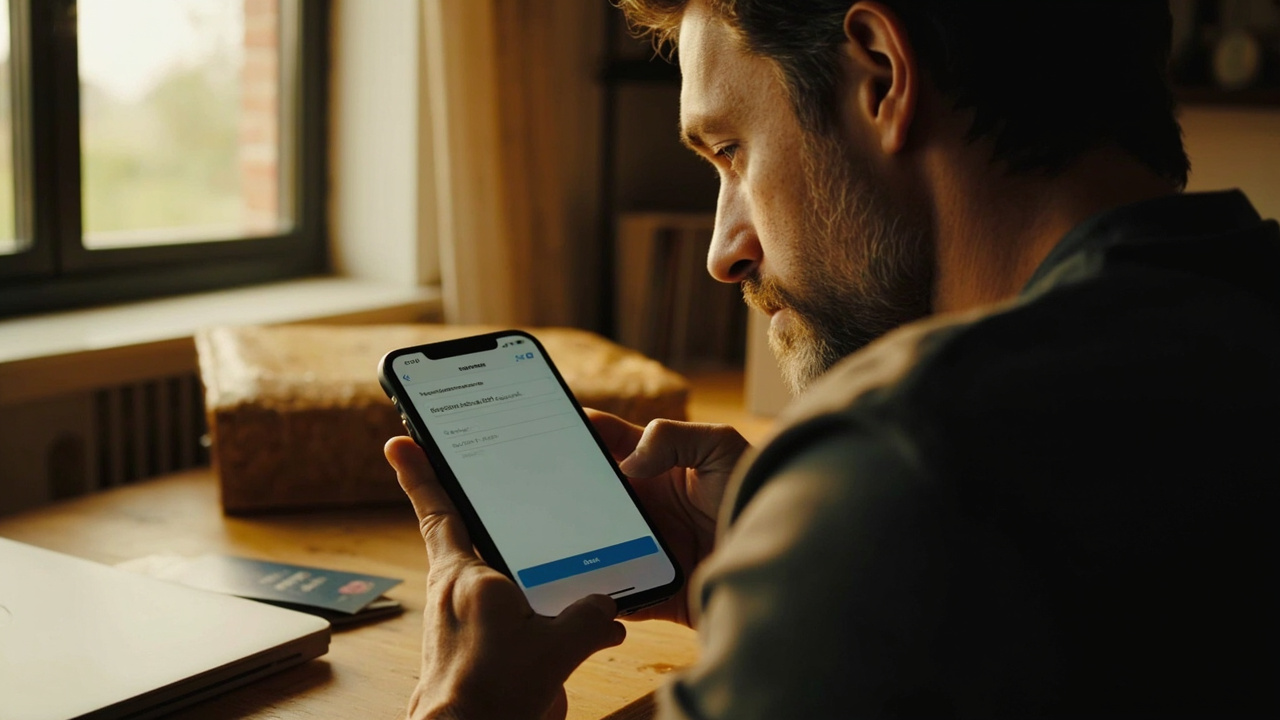 American traveler in their early 40s looking thoughtfully at a smartphone showing a generic email-address field in a home office, plain card and US passport on the desk