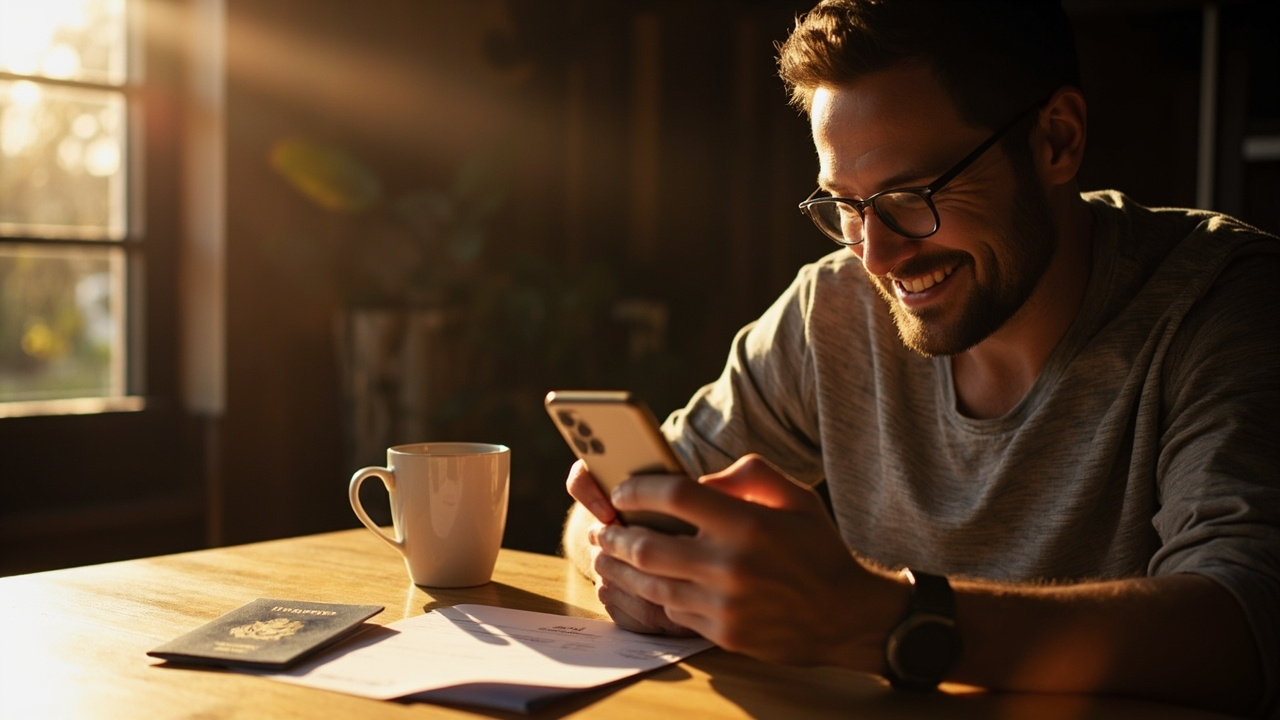 American traveler smiling with relief at a smartphone showing a freshly arrived generic confirmation message at a sunlit table, blue US passport beside them