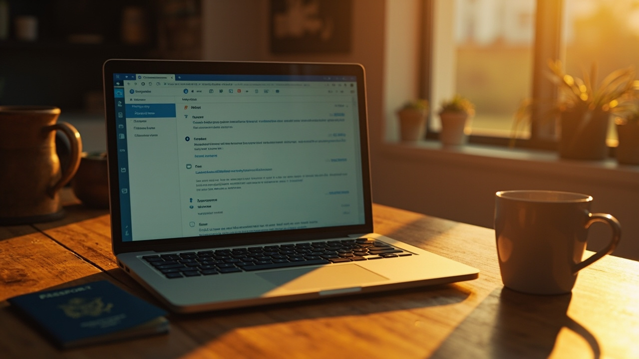 Open laptop on a warm wooden desk showing a generic email client with a search bar and a spam folder open, beside a blue US passport at golden hour