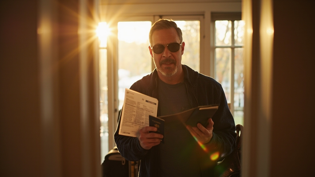 American traveler holding an open dark blue US passport with a folded A4 eVisa printout, calm and ready, at a sunlit home entryway
