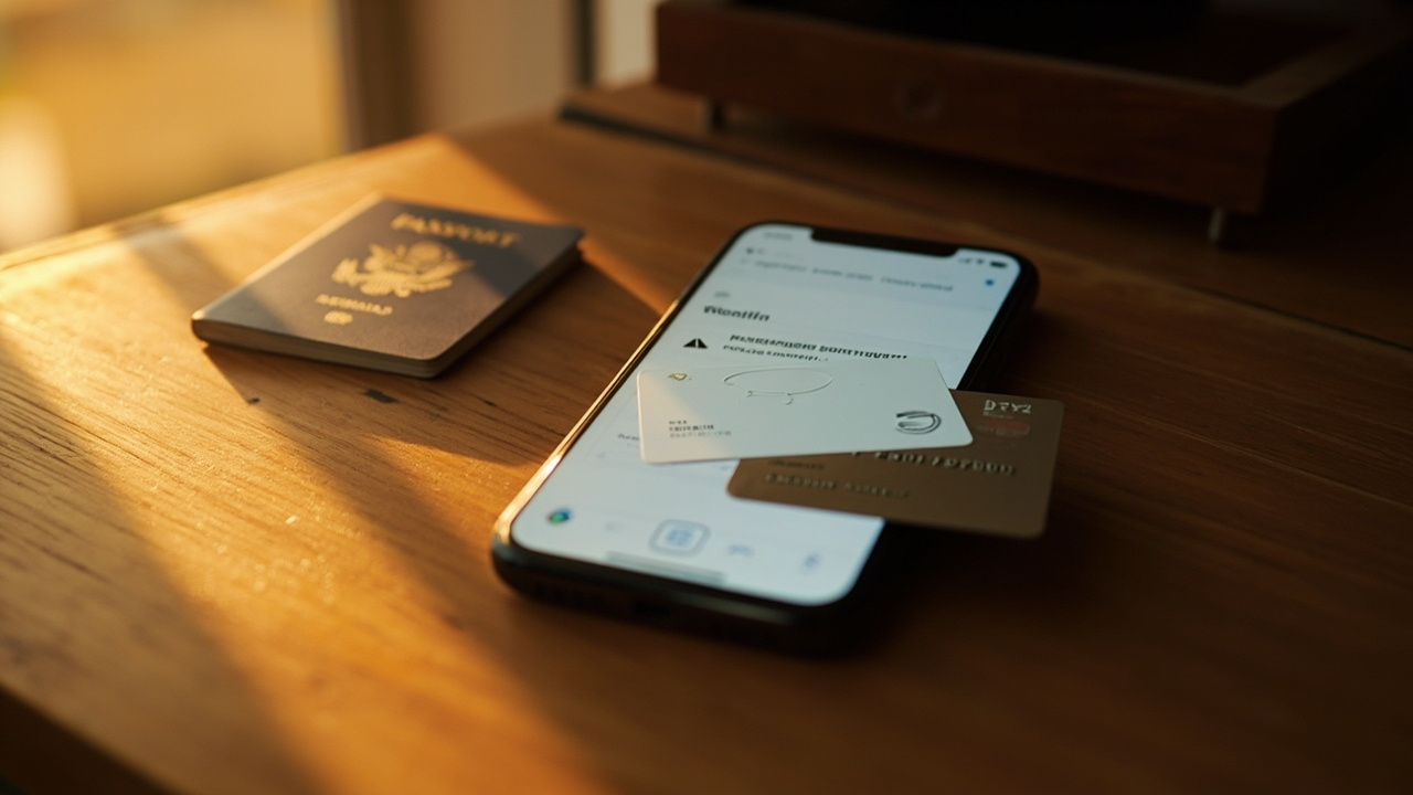 Close-up of a single credit card resting on a smartphone showing a generic refund-confirmation UI on a warm wooden desk at golden hour