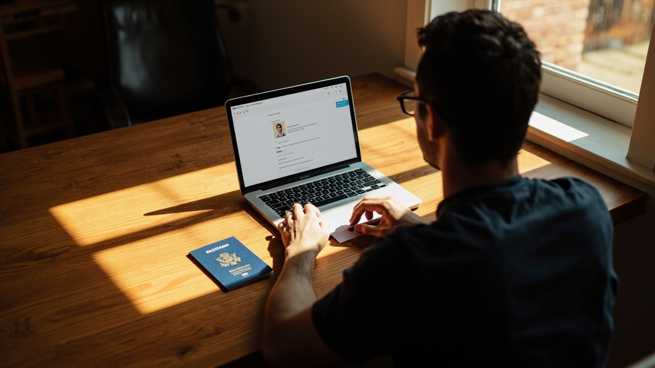 American traveler re-uploading a corrected passport photo on a laptop at a sunlit home desk, looking relaxed and unhurried
