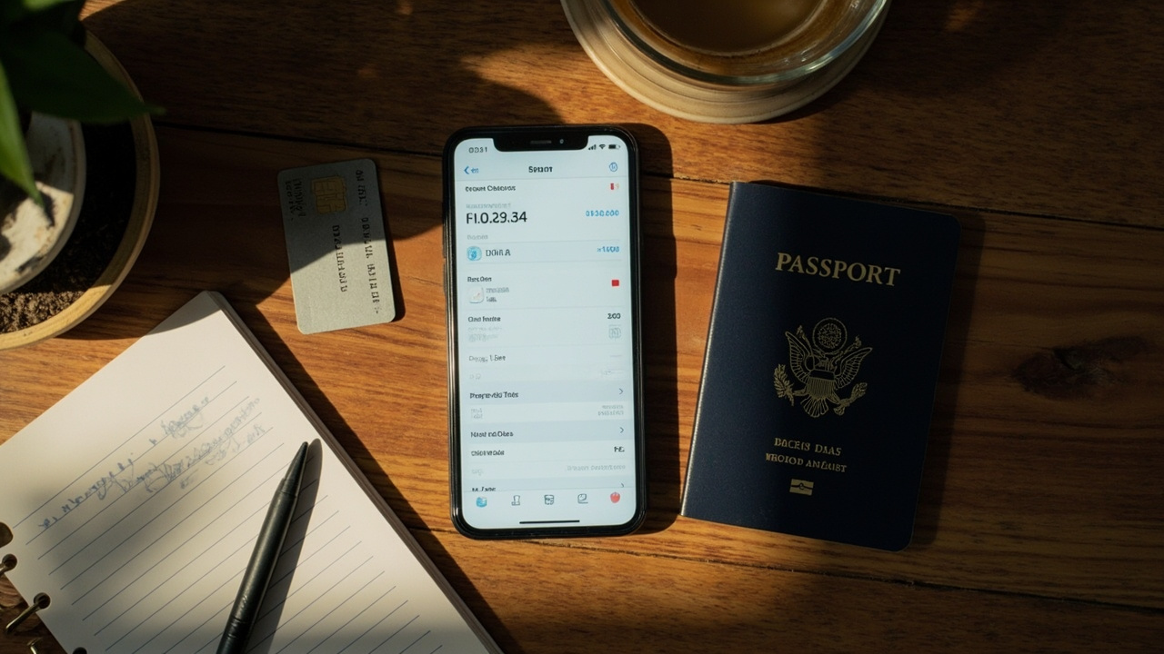 Overhead view of a smartphone showing a generic banking statement UI beside a dark blue US passport and a credit card on a warm wooden desk