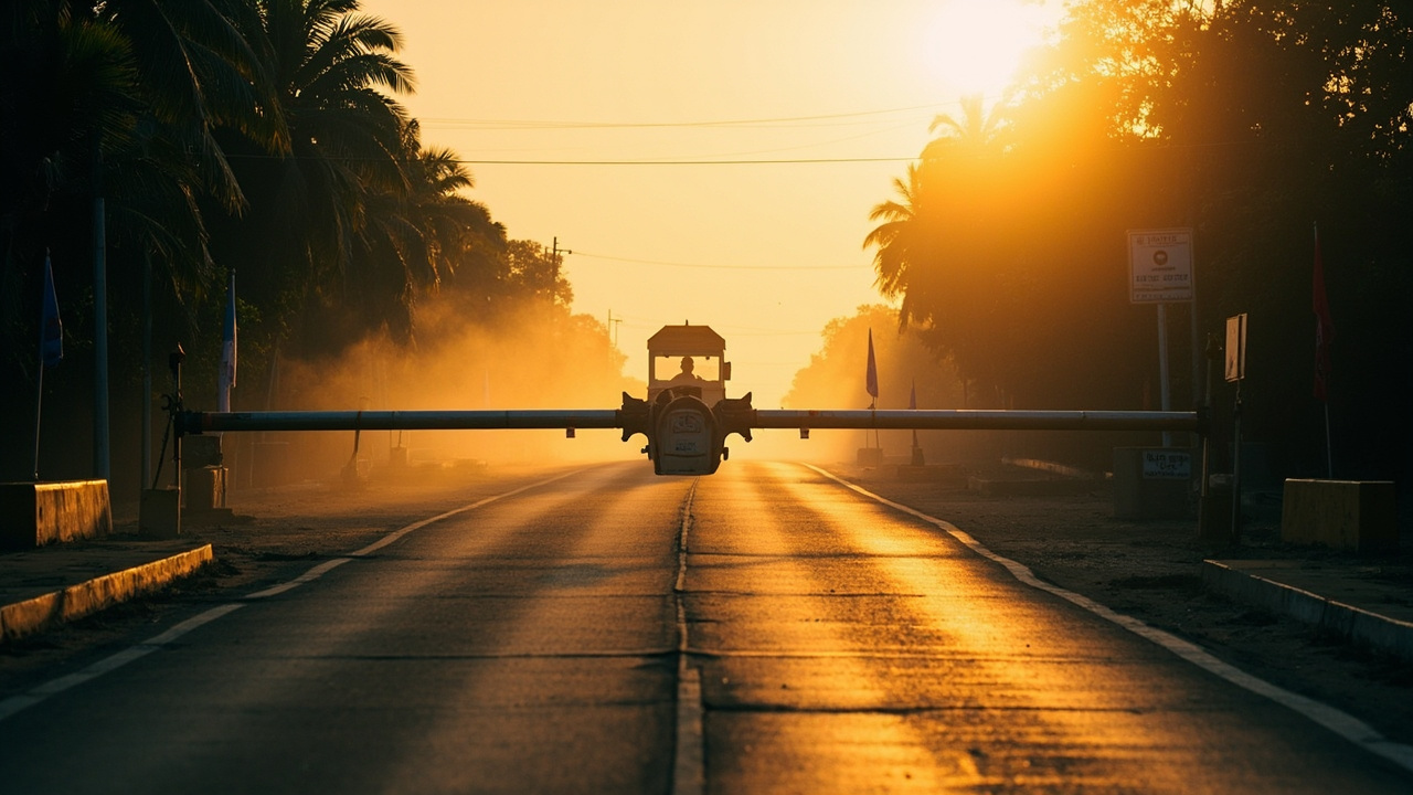 Quiet empty road leading toward a closed Southeast Asian land-border checkpoint at golden hour, lowered barrier and no traffic