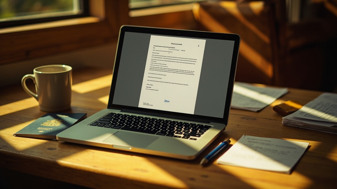 Open laptop on a warm wooden desk showing a generic approved-visa PDF, beside a blue American passport, a coffee, and a folded printout at golden hour