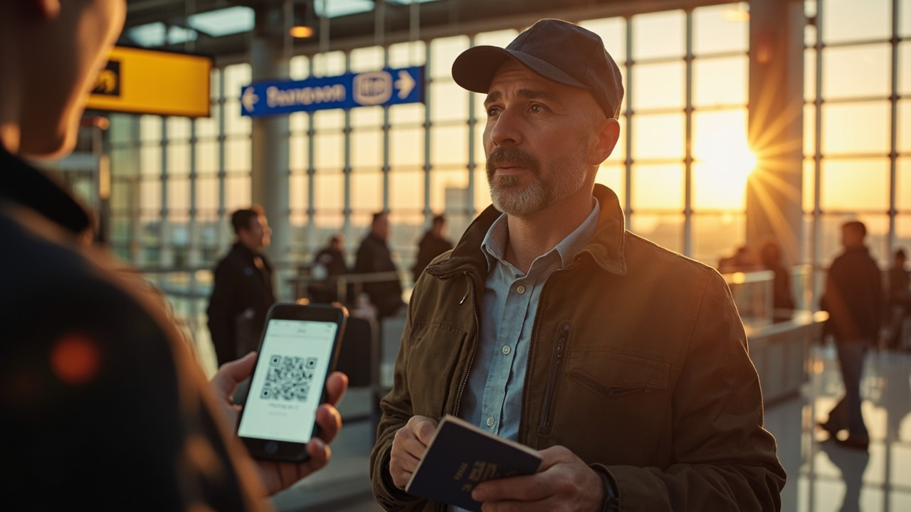 American traveler calmly presenting an open blue passport and a phone showing a generic QR code at a soft-focus modern Cambodian airport arrivals counter at golden hour