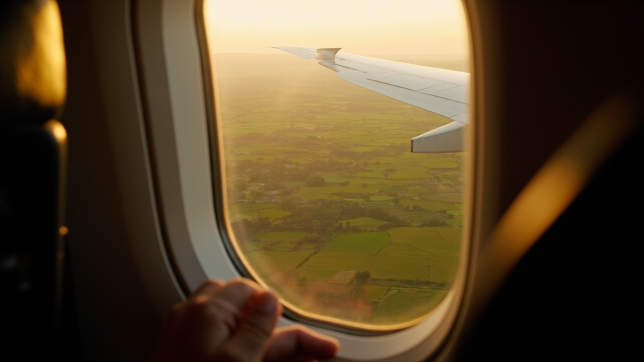 View from an airplane window seat of the wing over green Cambodian rice fields below at golden hour, American passenger's hand resting on the sill