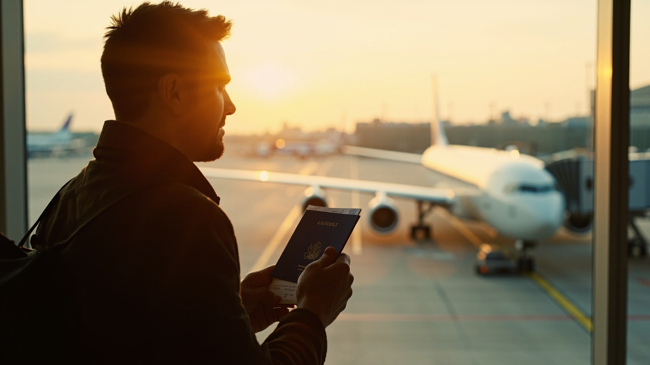 American traveler at a Bangkok airport gate watching a Siem Reap flight board at golden hour, US passport and boarding pass in hand