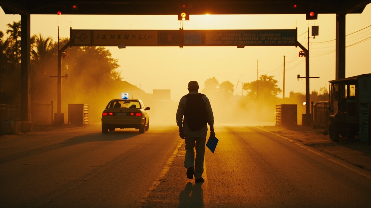 A quiet closed land border checkpoint barrier on a dusty road at golden hour, no traffic crossing, with an American traveler turning back toward a waiting car