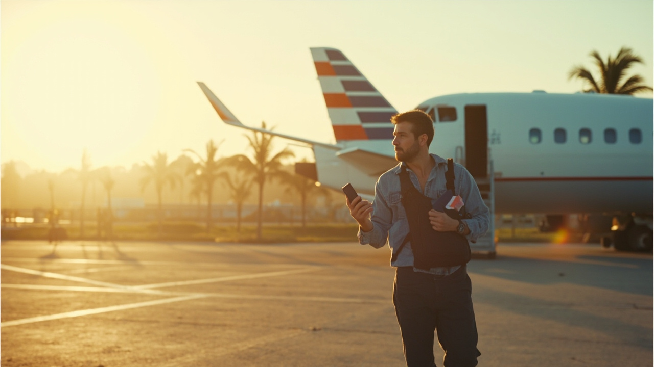 American traveler boarding a narrow-body jet on a sunny apron via airstairs, blue US passport and phone in hand, short regional flight vibe