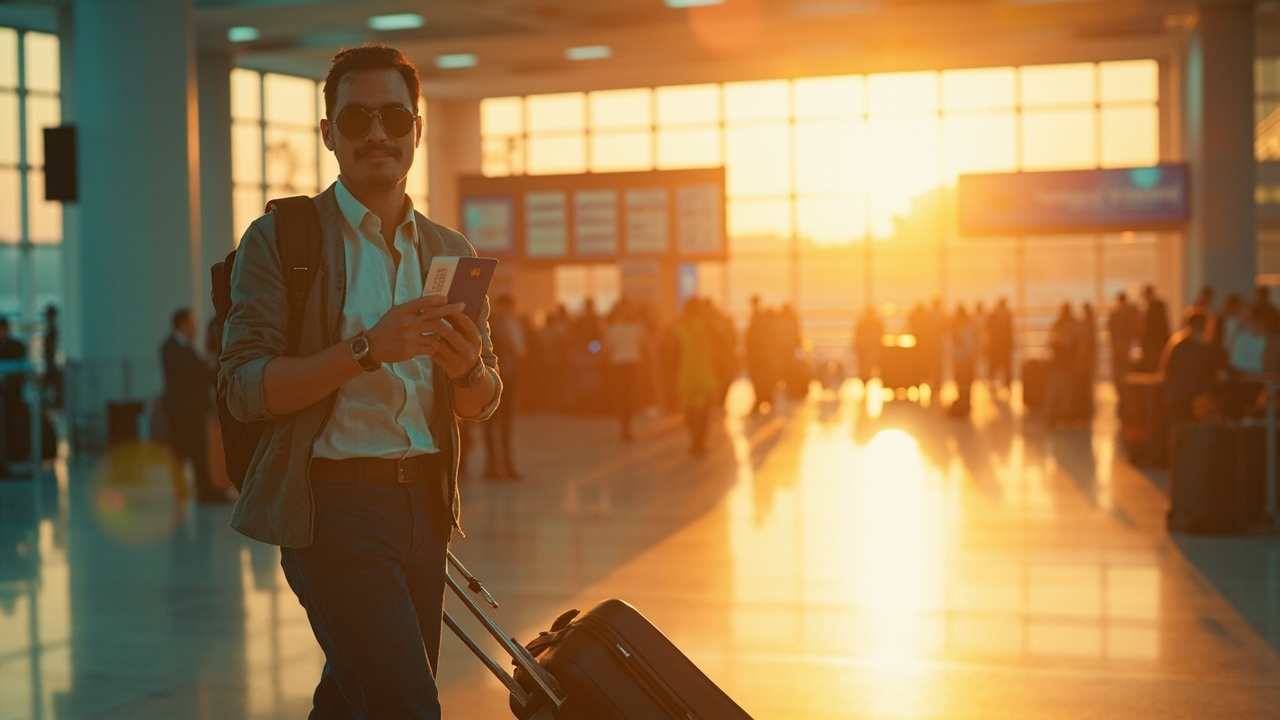 American traveler with rolling luggage at a bright modern Siem Reap airport arrivals hall, holding a blue US passport and phone showing a generic QR confirmation