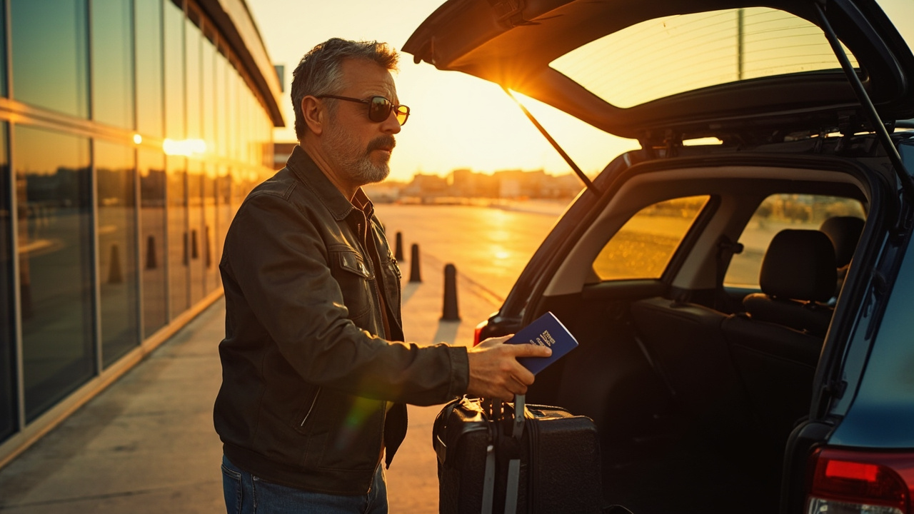 American traveler loading a carry-on into a waiting taxi outside a modern airport terminal at golden hour, blue US passport in hand