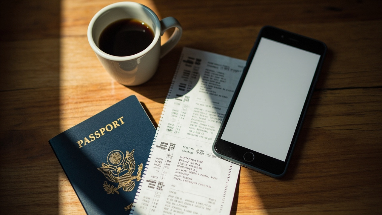 Overhead close-up of a folded generic boarding pass and a blue US passport on a warm wooden desk beside a smartphone showing a soft flight-booking screen