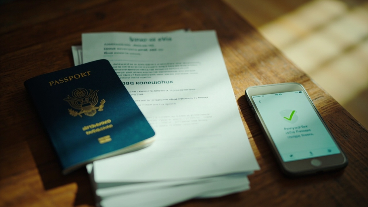Overhead close-up of a blue US passport resting on a folded A4 printout on a warm wooden desk, smartphone showing a soft approval screen beside it