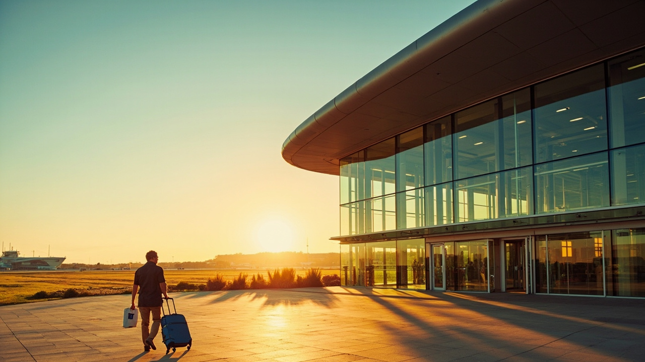 Wide view of a large, sweeping, brand-new modern airport terminal exterior at golden hour with an American traveler approaching the entrance