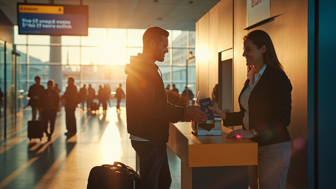 American traveler with a blue US passport buying a SIM card at a carrier kiosk in a bright Techo International airport arrivals hall