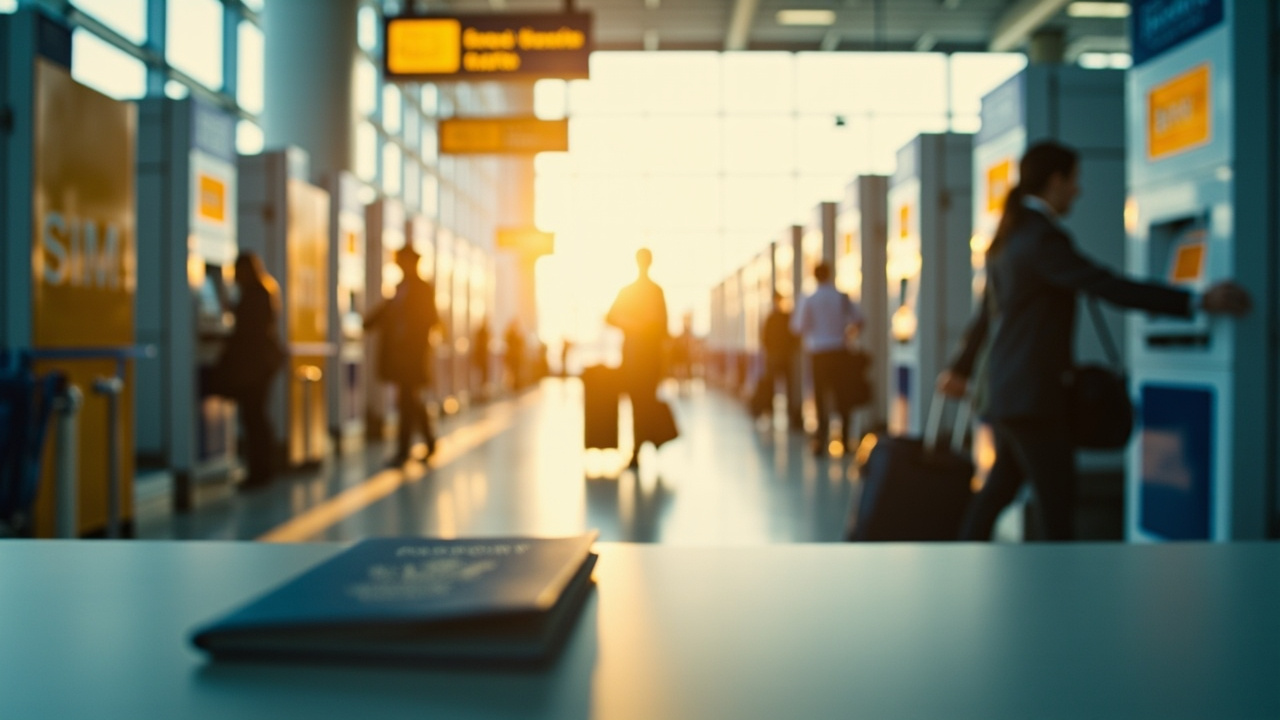 Row of mobile carrier SIM kiosks in a bright modern airport arrivals hall with travelers passing by, blue US passport in the foreground