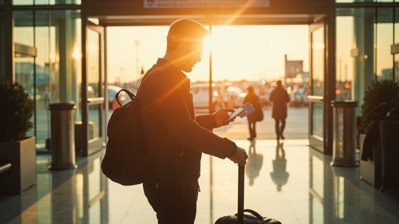 American traveler checking a phone map while walking toward the airport exit with luggage, already online, blue US passport in hand