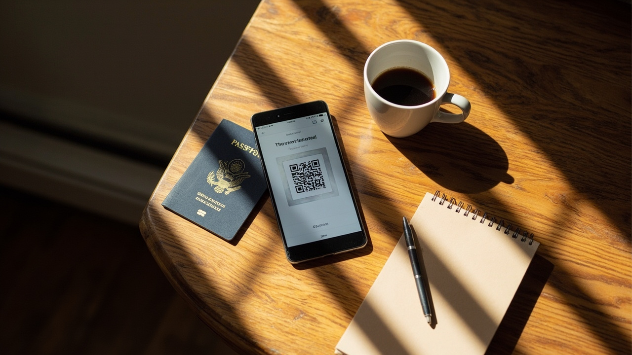 Overhead view of a smartphone showing a generic eSIM QR code beside a blue US passport and a coffee on a warm wooden table at home before a trip