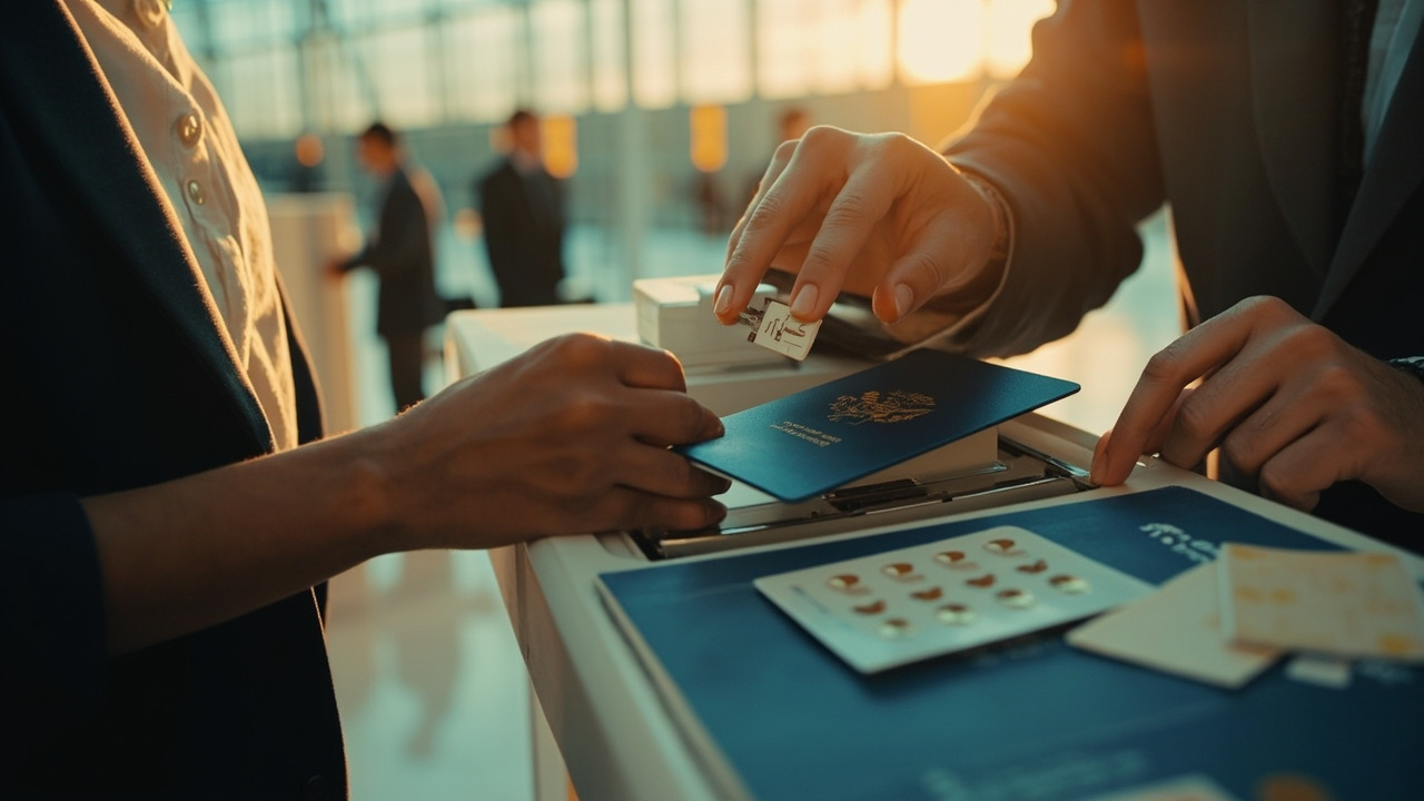 Close-up of hands swapping a SIM card at an airport kiosk counter, a small SIM tray and ejector pin in view, blue US passport on the counter