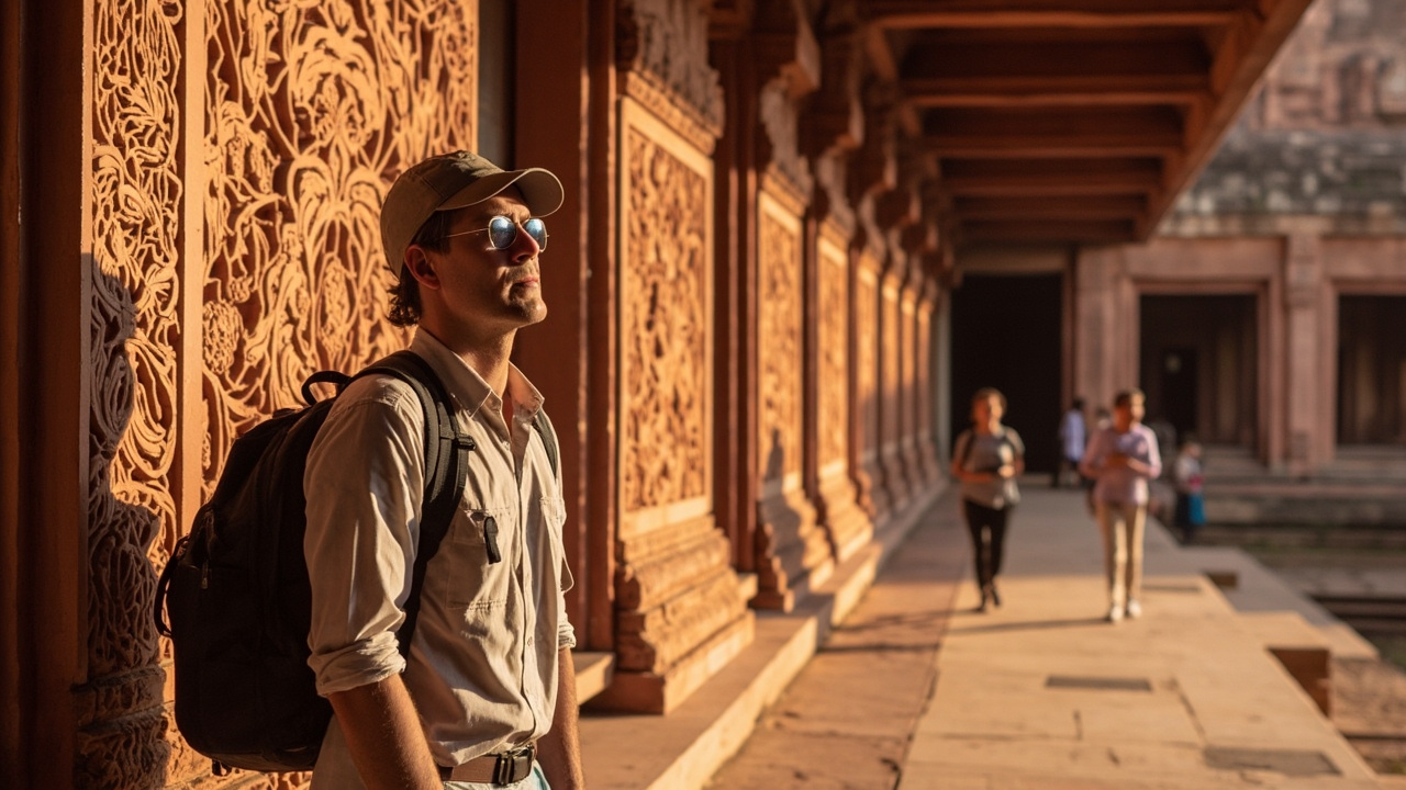 American traveler admiring the intricate pink sandstone carvings of an Angkor temple in warm morning light on a temple day