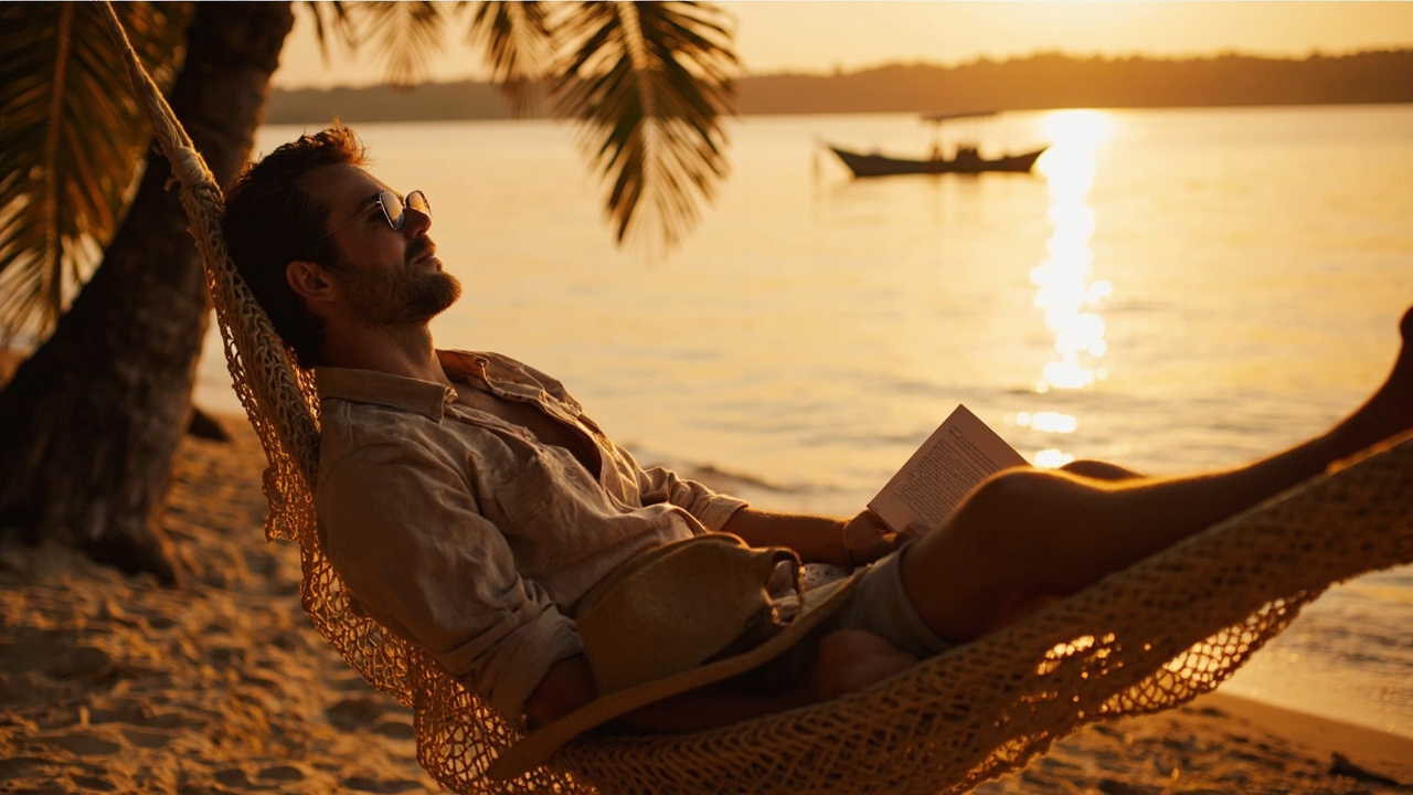 American traveler relaxing in a hammock by the water on Cambodia's southern coast at golden hour, slowing down at the end of a 10-day trip