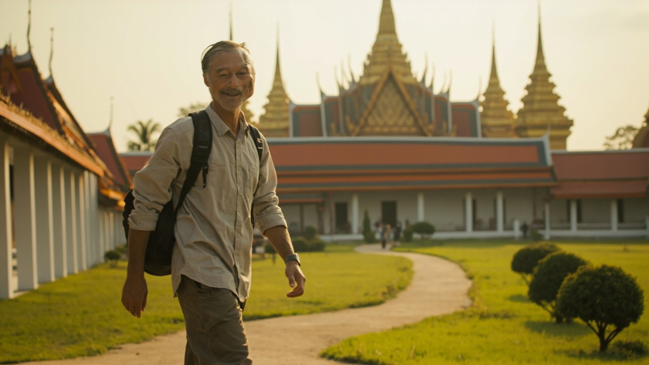 American traveler walking through the grounds of the Royal Palace in Phnom Penh with golden Khmer spires rising behind under warm light