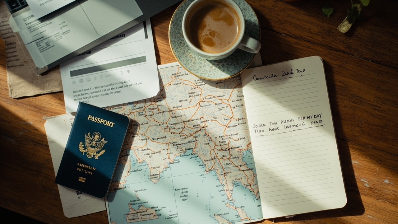 Overhead flat-lay of a blue US passport, a soft-focus map of Cambodia, a laptop, and coffee on a warm wooden desk while planning a 10-day trip