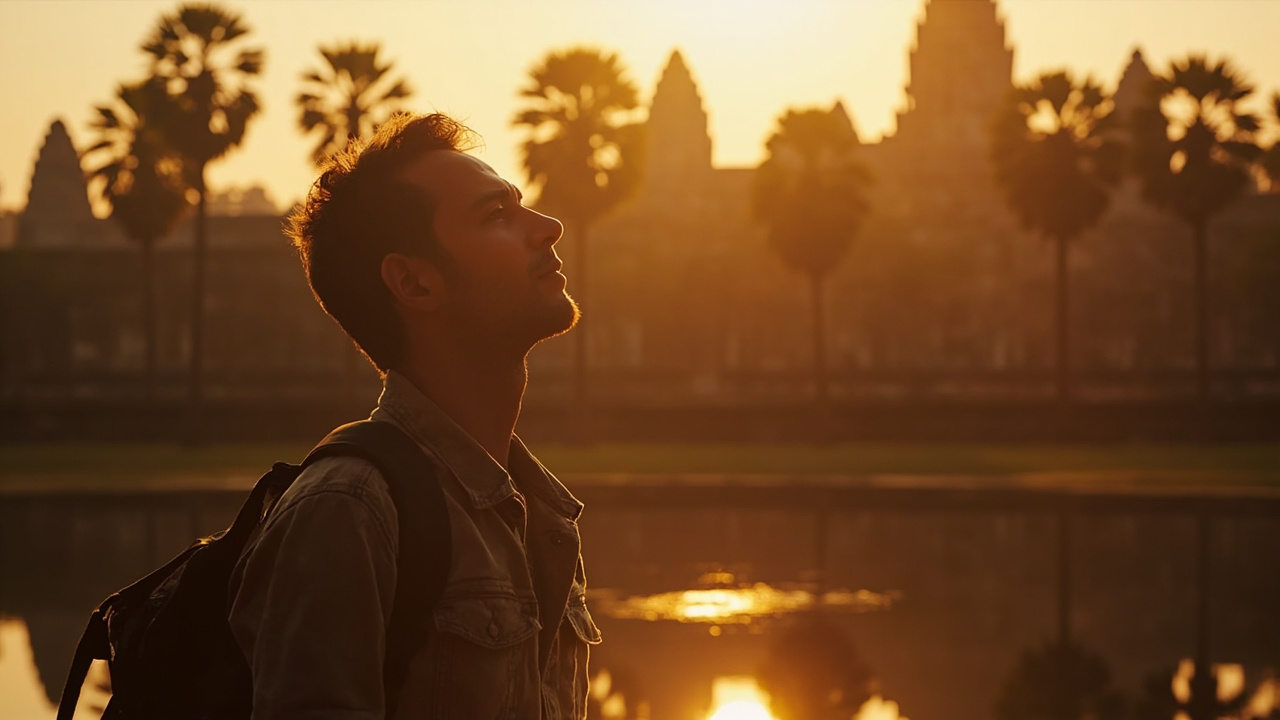 American traveler standing before the Angkor Wat temple towers at golden hour in Siem Reap, daypack on, taking in the view