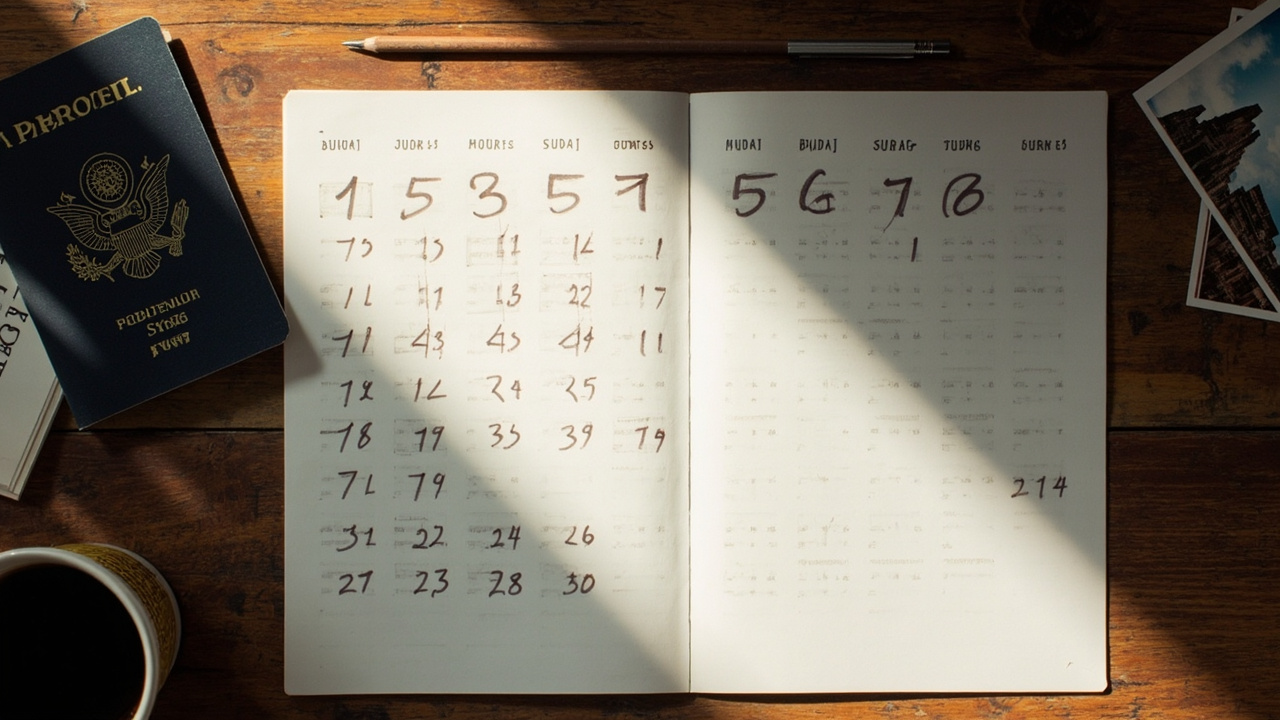 Overhead flat-lay of a paper calendar with a short trip block circled, a blue US passport, and a pencil on a warm wooden desk