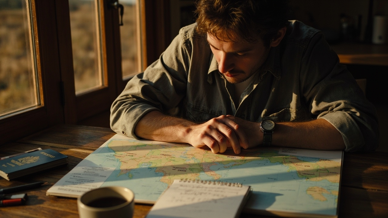 American traveler at home weighing trip-length options over a Cambodia map with a blue US passport and a coffee at golden hour