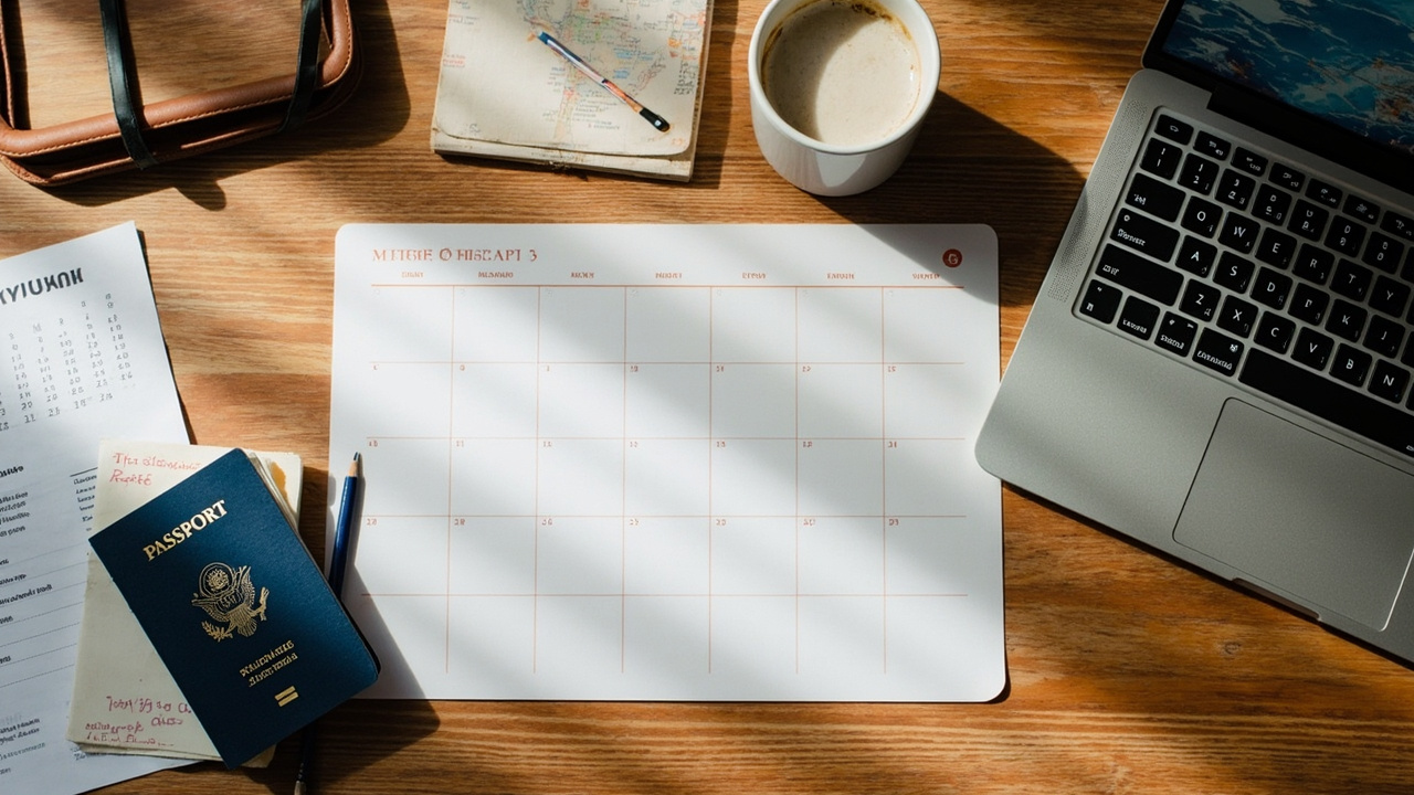 Overhead flat-lay of a monthly calendar, blue US passport, laptop and coffee on a wooden desk while planning a Cambodia trip