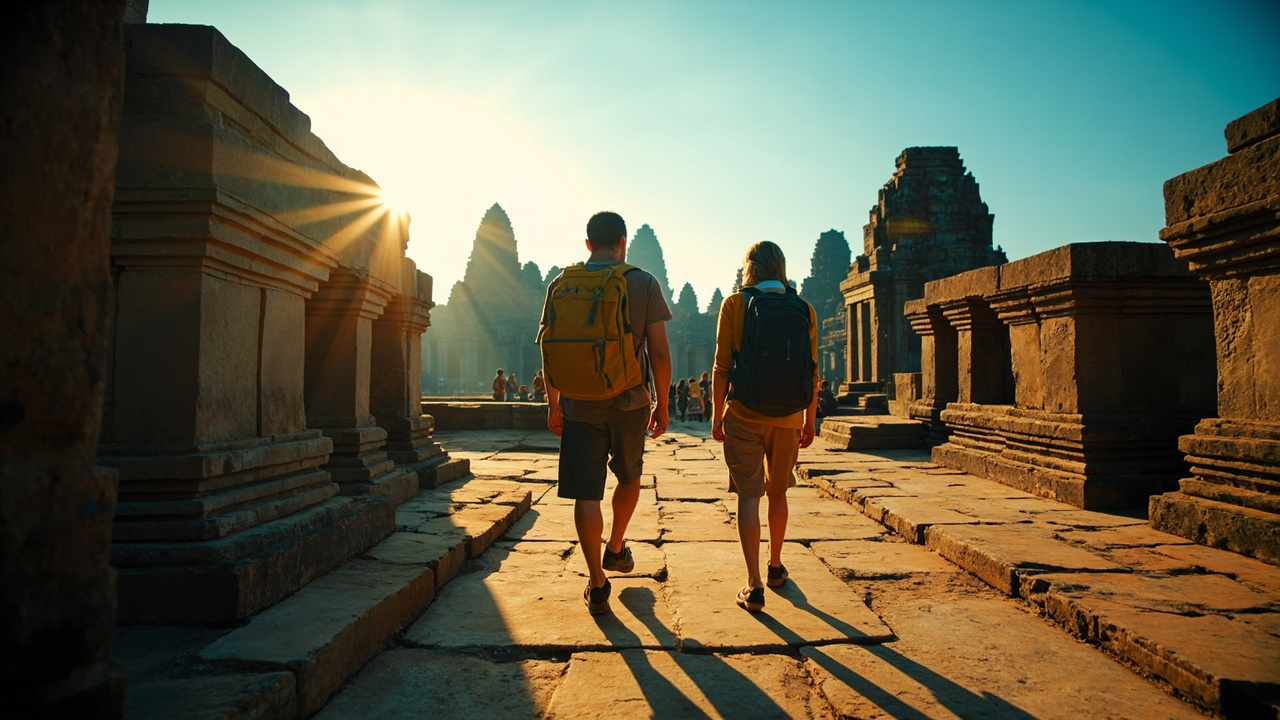 American couple exploring a sunlit Angkor temple causeway on a clear cool dry-season morning with sharp blue sky
