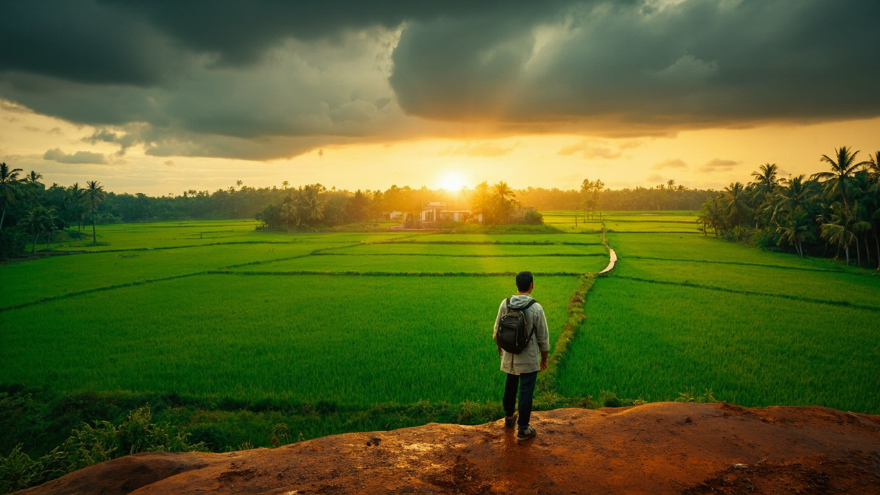 Lush vivid green Cambodian rice paddies and a quiet temple under dramatic monsoon afternoon clouds in the green season