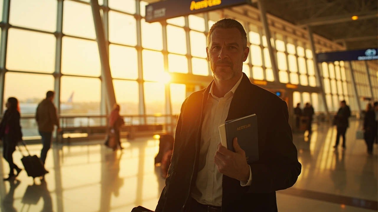 American traveler with a blue US passport and printed eVisa arriving at a modern Cambodian airport terminal at golden hour
