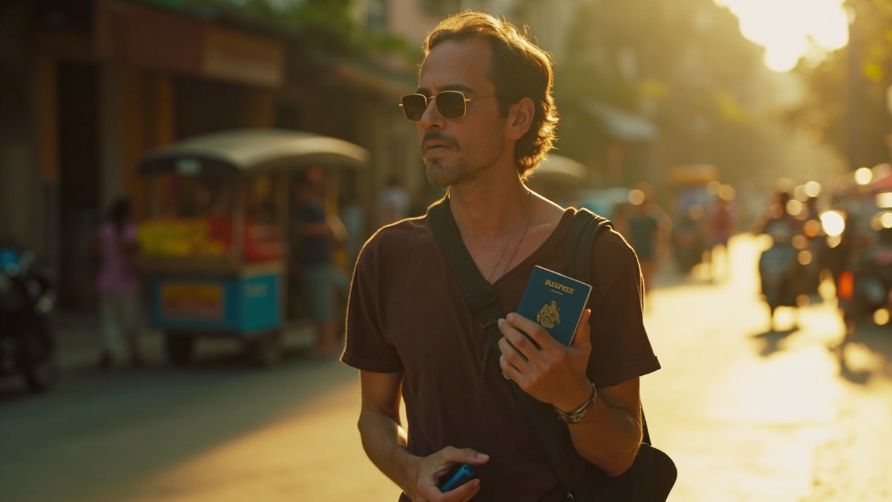 American tourist walking calmly along a sunlit Phnom Penh street in daytime, holding a blue US passport, with relaxed locals and tuk-tuks in the background