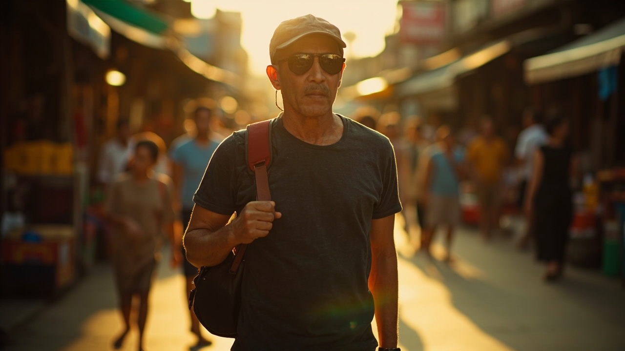 Close-up of an American tourist wearing a secure cross-body bag with phone tucked away while walking a busy Cambodian street market