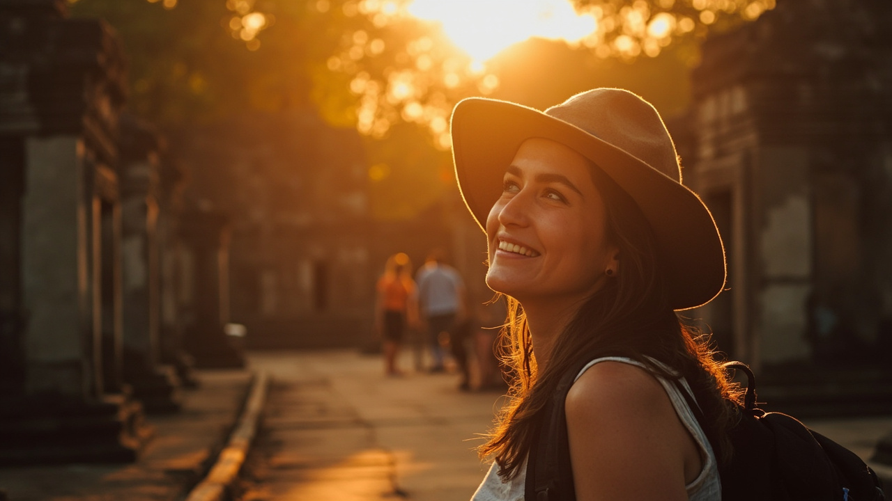 Solo American woman traveler exploring a Cambodian temple at golden hour, dressed respectfully and looking relaxed and confident