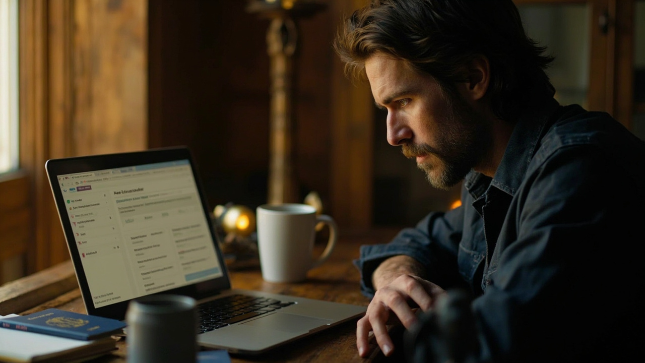 American traveler reviewing a travel advisory on a laptop at a sunlit home desk beside a blue US passport and a coffee