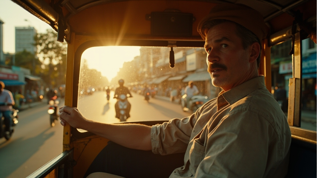 American tourist riding safely in a tuk-tuk through a Cambodian street at golden hour, calm and relaxed amid the traffic