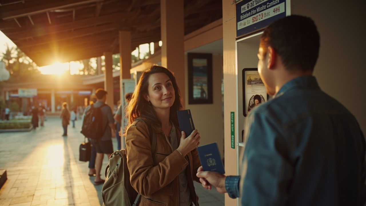 American traveler having their photo taken at an official Angkor ticket counter at golden hour, calm and orderly queue, blue US passport in hand