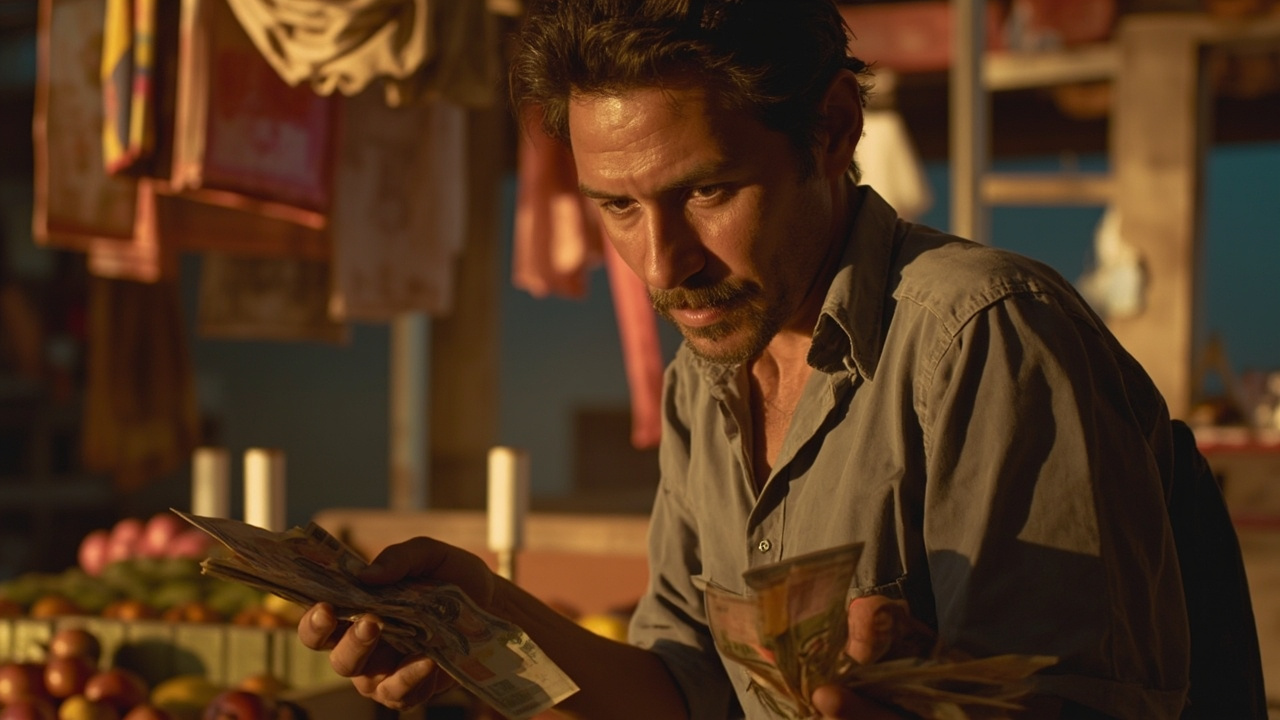 American traveler carefully counting US dollar bills and Cambodian riel change at a market stall at golden hour