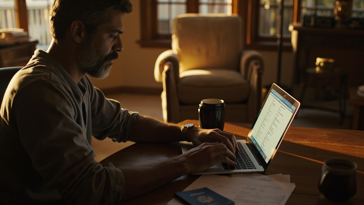 American traveler at home on a laptop completing visa paperwork before the trip, blue US passport beside the keyboard, in a sunlit US living room at golden hour