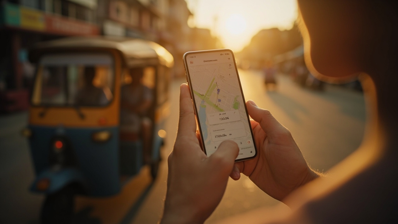 Close-up of an American traveler's hands holding a smartphone showing a generic ride-hailing map and set fare while standing beside a tuk-tuk at golden hour