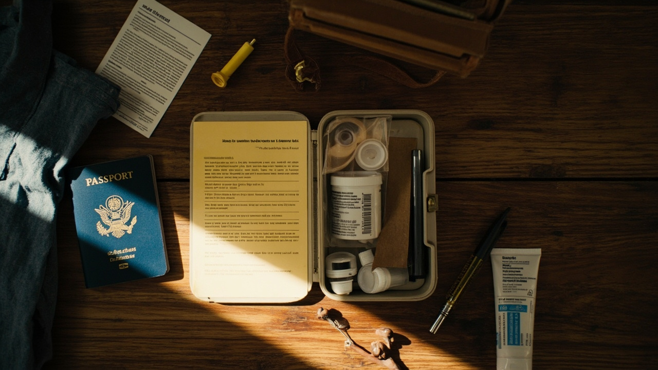 Overhead flat-lay of a CDC-style vaccine record card, a small travel health kit, and a blue US passport on a warm wooden desk while an American packs for Cambodia