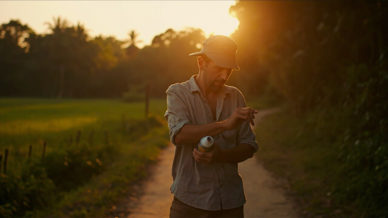 American traveler applying mosquito repellent at dusk near a rural Cambodian forest edge, long sleeves on, warm golden light