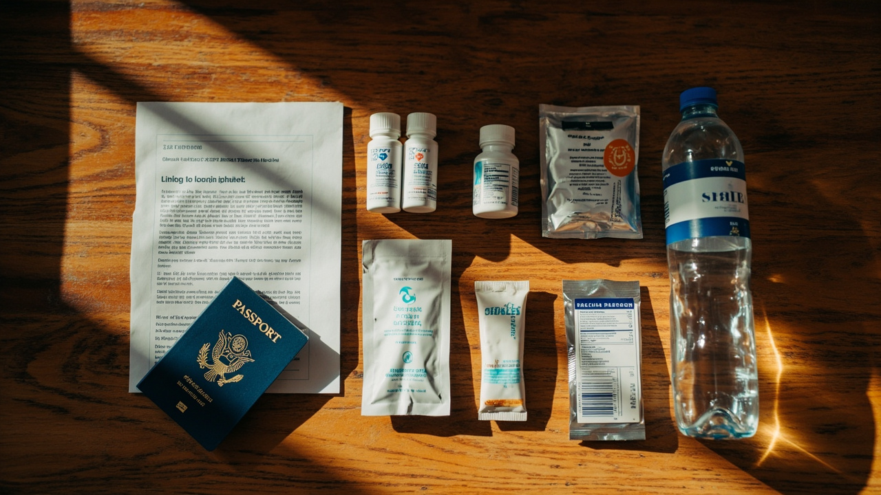 Overhead flat-lay of a packed travel health kit with unbranded medicine, oral rehydration sachets, sunscreen, and a sealed water bottle on a warm wooden desk