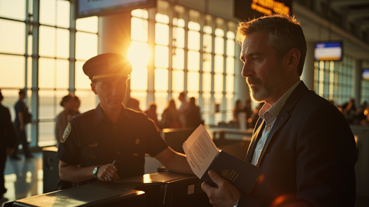 American traveler calmly presenting a blue US passport and a printed eVisa at a soft-focus Cambodian immigration counter at golden hour
